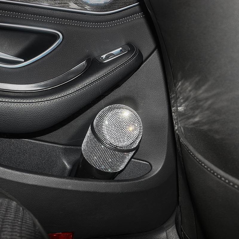 Car Trash Can - Crystal Diamond Auto Dust Case Storage Bottle Holder Sealed Garbage Bin Pressing Type Car Accessories - 2 Pack - Delicate Leather