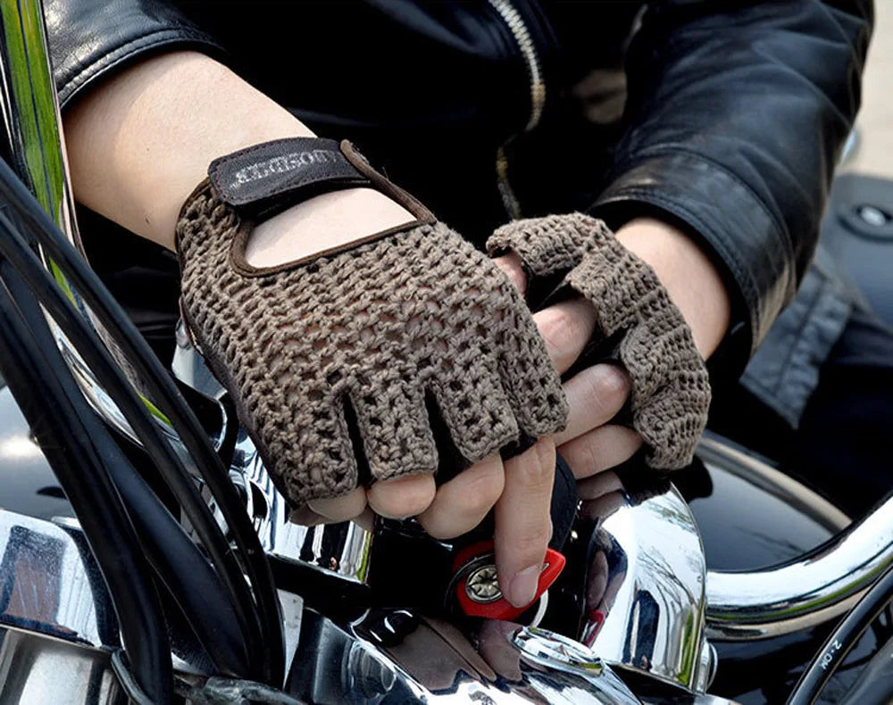 Leather Mesh Fingerless Gloves - Motocross, Fishnet, Car Driving, Tactical, Motorcycle Accessories, Work, Cycling Men's Gloves - Delicate Leather