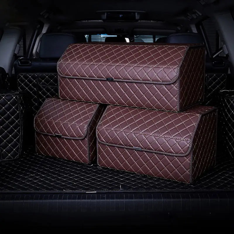 Premium PU Leather Car Trunk Storage Bag - Folding Collapsible Car Organizer Box - Delicate Leather
