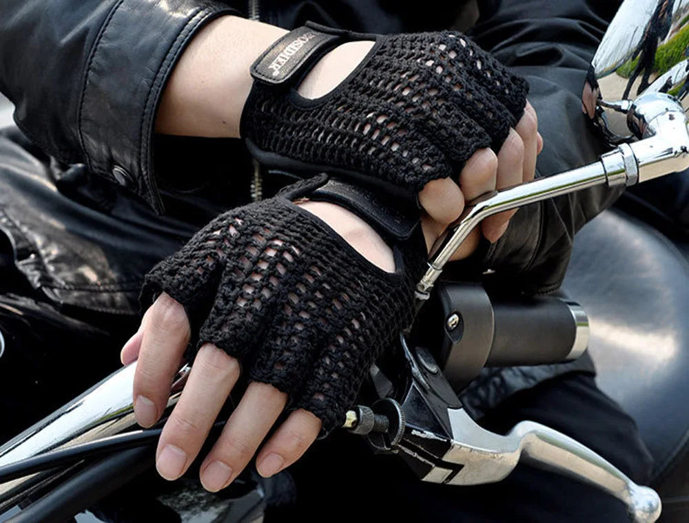 Leather Mesh Fingerless Gloves - Motocross, Fishnet, Car Driving, Tactical, Motorcycle Accessories, Work, Cycling Men's Gloves - Delicate Leather