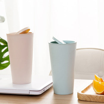 Desktop with Pressure Ring Shake Lid Waste Bin - Small PP Plastic Refuse Bin with Flip Lid for Household, Car, Office, and Mini Garbage Can for Waste Disposal - 2 Pack - Delicate Leather