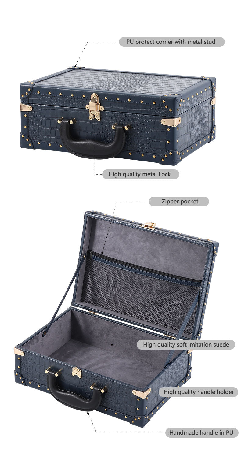 13-Inch Classic Vintage Style Mini Luggage Travel Suitcase - Crocodile Grain PU Leather Trunk