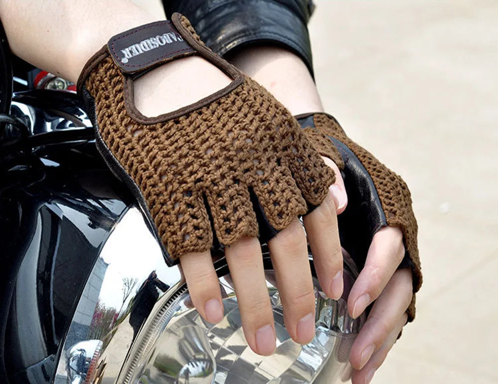 Leather Mesh Fingerless Gloves - Motocross, Fishnet, Car Driving, Tactical, Motorcycle Accessories, Work, Cycling Men's Gloves - Delicate Leather