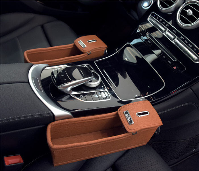 Car Chair Seat Organizer with Coin Box and Cup Holder - 2 Pack - Delicate Leather