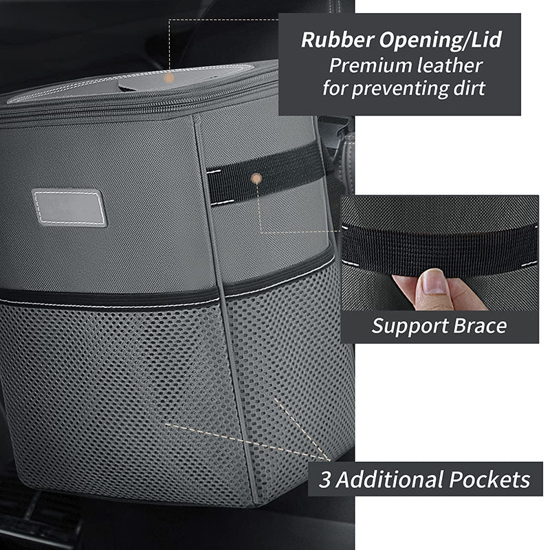 Car Trash Bag with Storage Pockets - Waterproof Garbage Bag with Lid and Storage Pockets - Delicate Leather