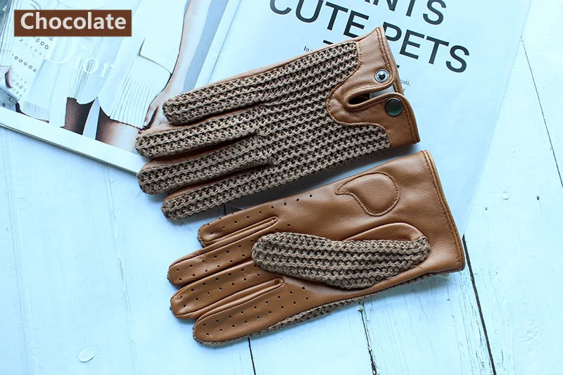 Women's Sheepskin Leather Gloves - Touch Screen, Thin, Unlined, Knitted Design for Spring and Autumn