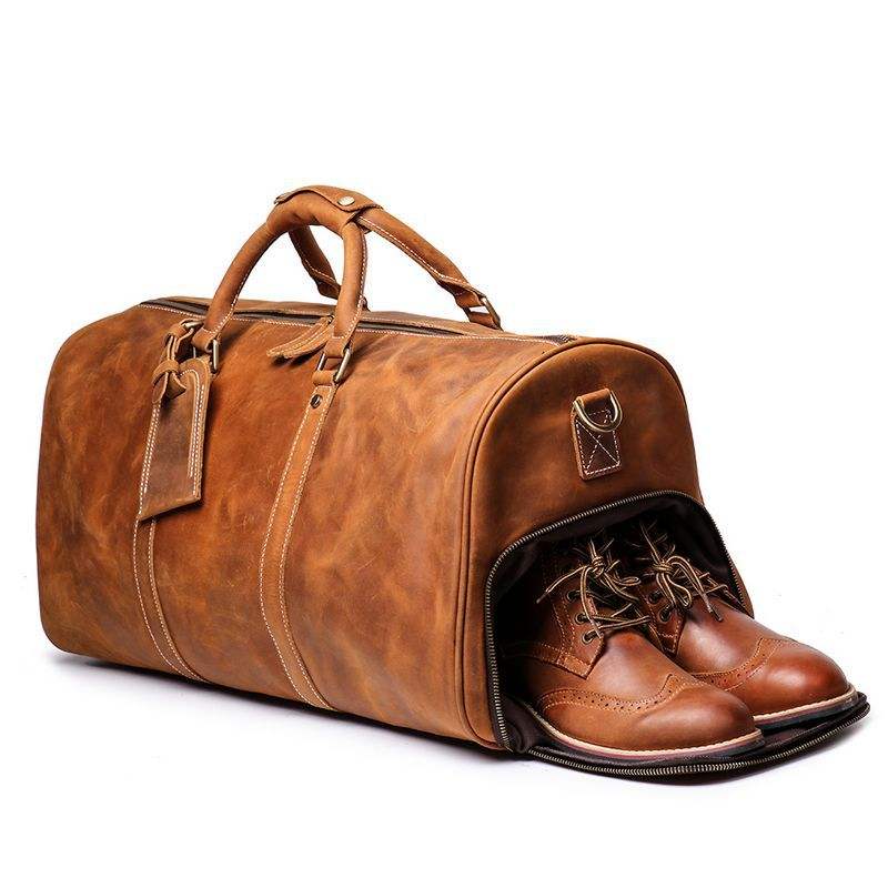 Brown Vintage Leather Duffle Bag with Shoe Compartment - New Design Travel or Overnight Bag for Men and Women - Delicate Leather