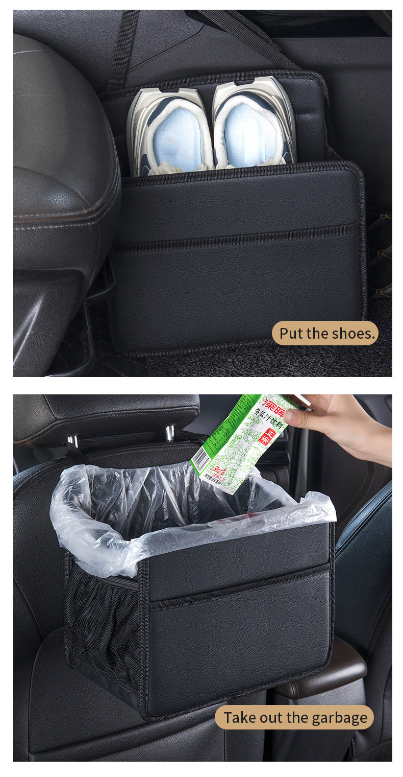 Large Capacity Foldable Car Storage Bag with Net Pocket - Seats Back Hanging Multifunctional Trash Can, Car Accessories - Delicate Leather