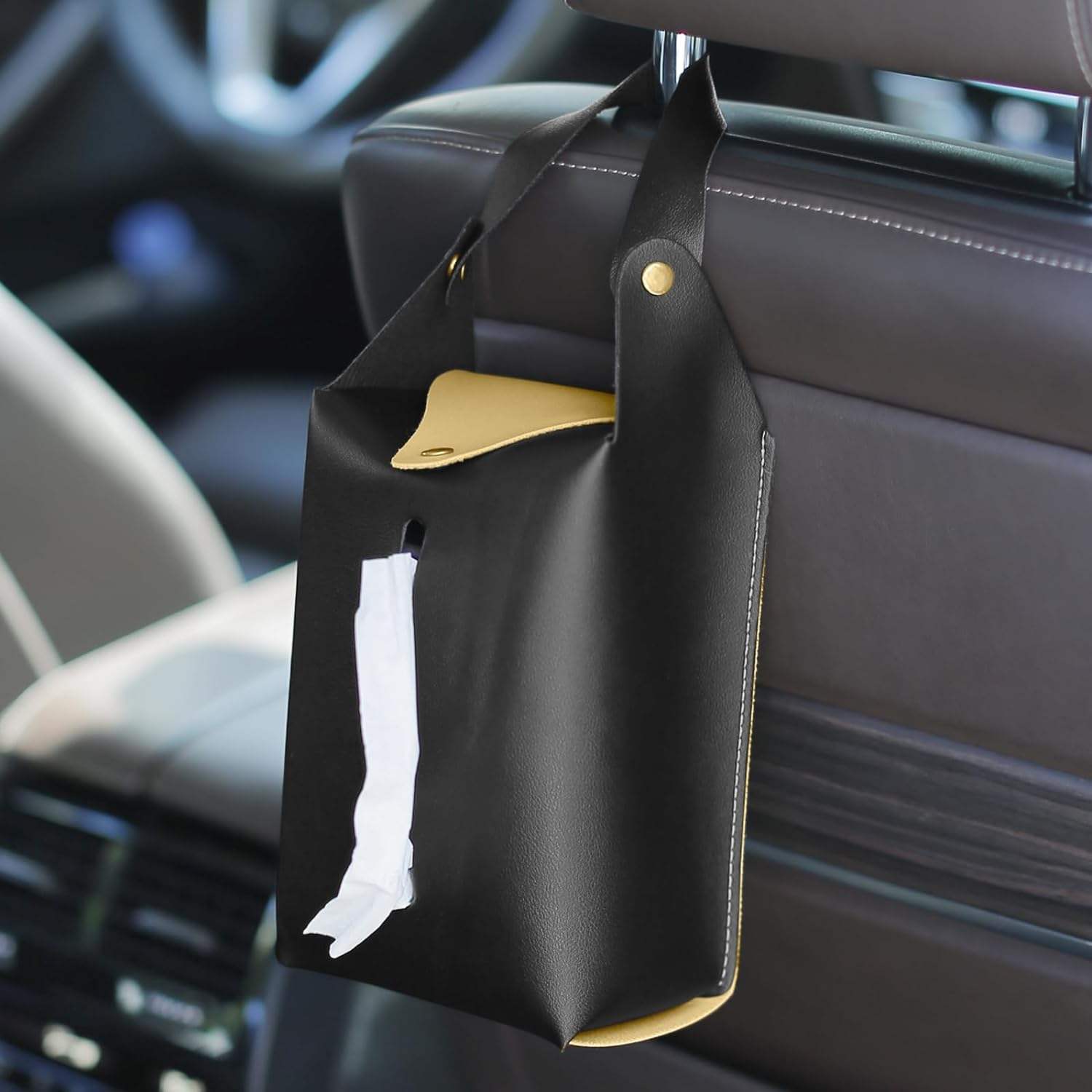 Foldable Design Waterproof Oxford Vehicle Headrest Hanging Storage Bag Car Trash Can with Leakproof PEVA Lining - Delicate Leather