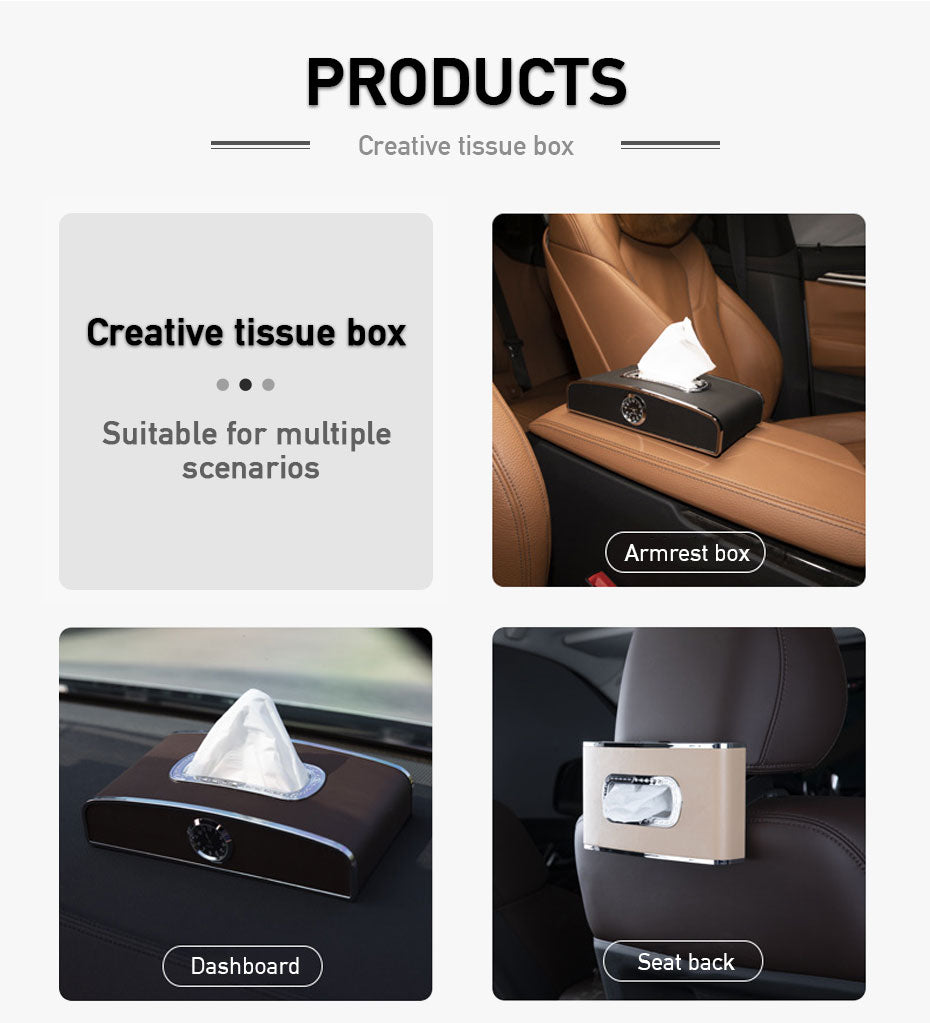 Multi-function Car Tissue Box With Clock Dispenser, Dashboard Napkin Holder, Parking Number Plate, Armrest Auto Tissue Holder Box - Delicate Leather