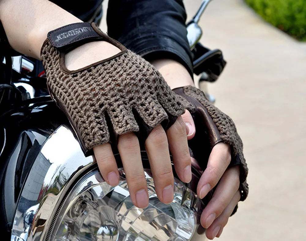 Leather Mesh Fingerless Gloves - Motocross, Fishnet, Car Driving, Tactical, Motorcycle Accessories, Work, Cycling Men's Gloves - Delicate Leather