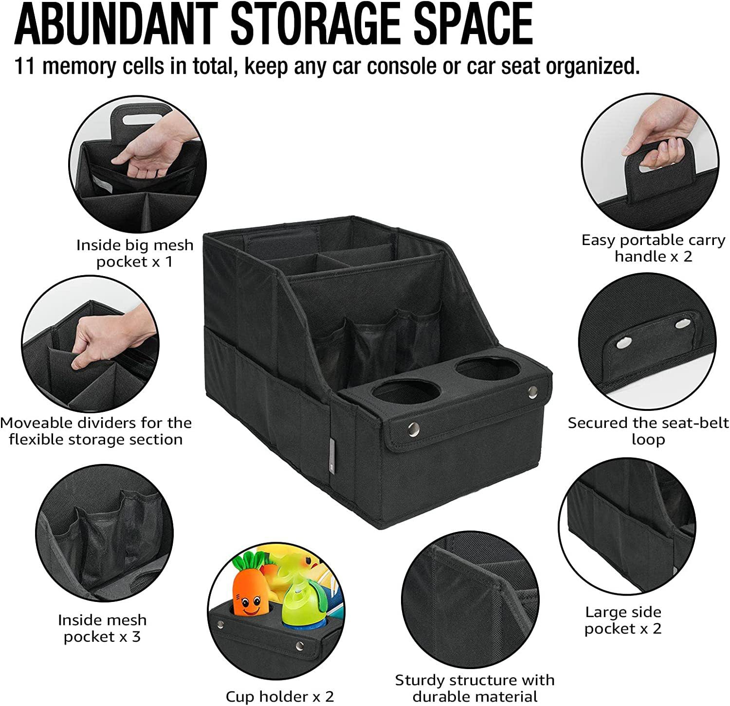 Backseat Car Seat Organizer with 11 Compartments, 2 Cup Holders, and 2 Oversized Side Pockets for Travel and Storage