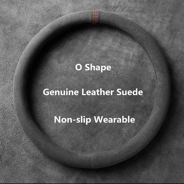 Cowhide Suede Steering Wheel Cover Wrap - Universal 37-38cm Breathable Steering Cover - Delicate Leather