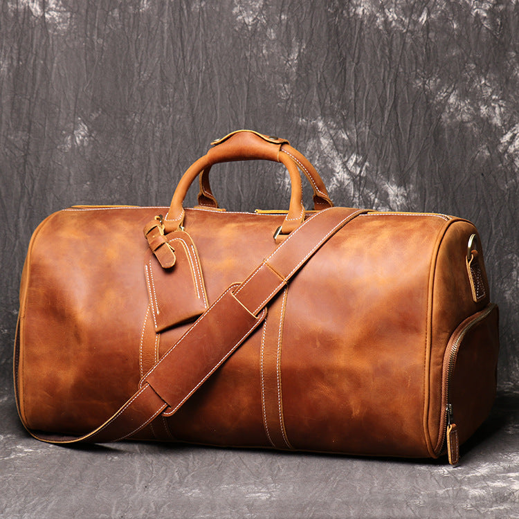 Brown Vintage Leather Duffle Bag with Shoe Compartment - New Design Travel or Overnight Bag for Men and Women - Delicate Leather