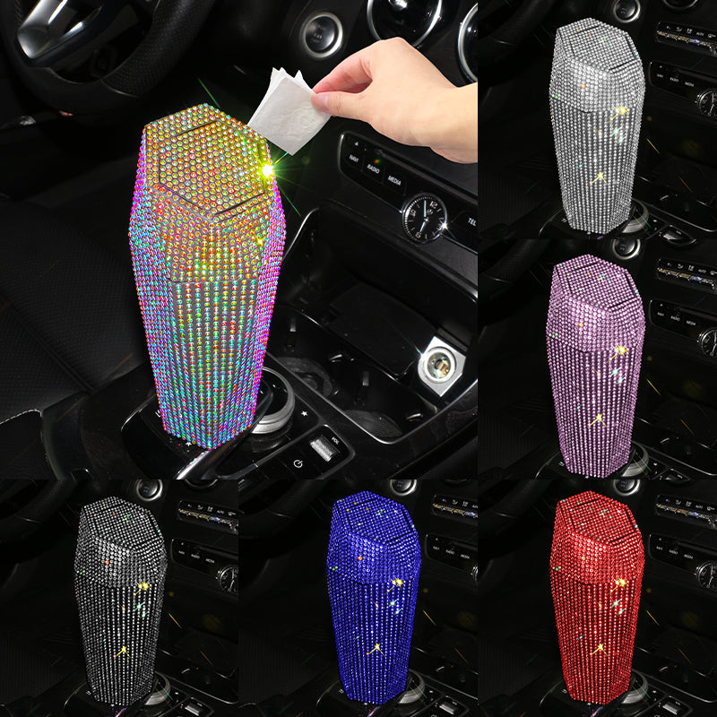 New Bling Diamond-Shaped Car Trash Can with Lid - Mini Garbage Storage Box - Delicate Leather