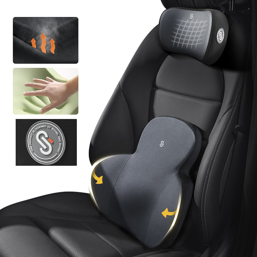 Car Headrest Back Brace Massager and Ergonomic Lumbar Support Pillow - Delicate Leather