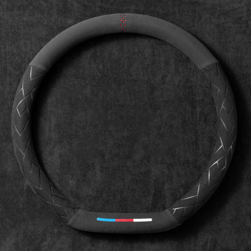 For All Seasons D-Shaped Round Sweat-Absorbent Non-Slip Suede Steering Wheel Cover - Delicate Leather
