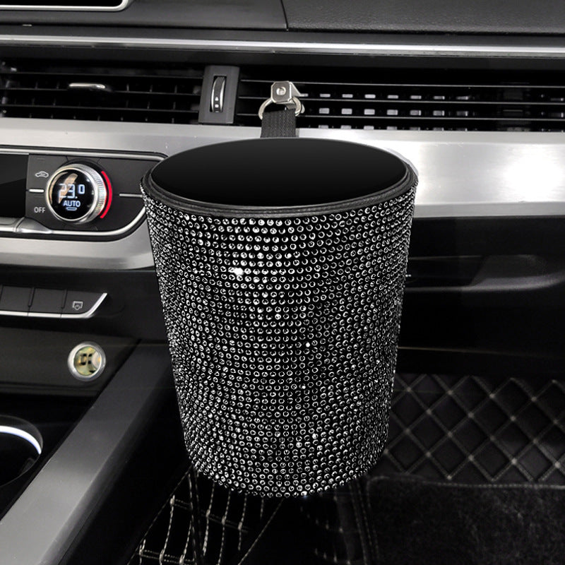 Rhinestone Car Trash Bin - Mini Auto Outlet Air Vent Organizer Rubbish Bag Crystal Garbage Container Storage Box, Car Accessories - Delicate Leather