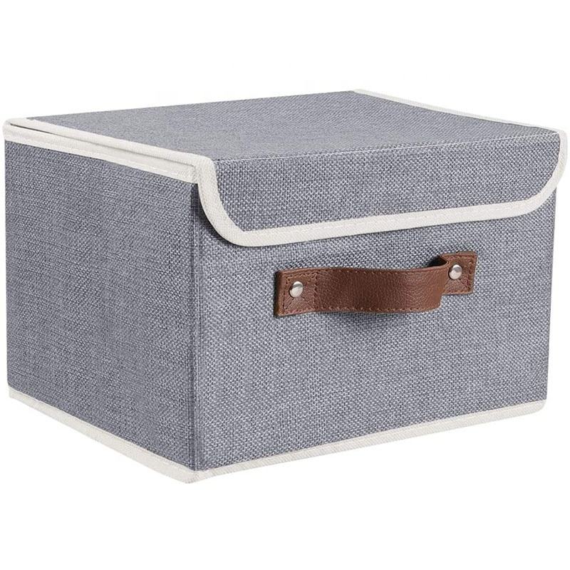 Linen Fabric Foldable Storage Box with Lid & Faux Leather Handle - 15 x 9.8 x 9.8 inches - Delicate Leather
