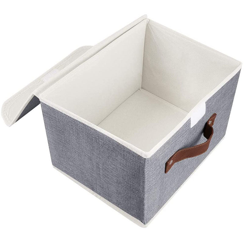 Linen Fabric Foldable Storage Box with Lid & Faux Leather Handle - 15 x 9.8 x 9.8 inches - Delicate Leather
