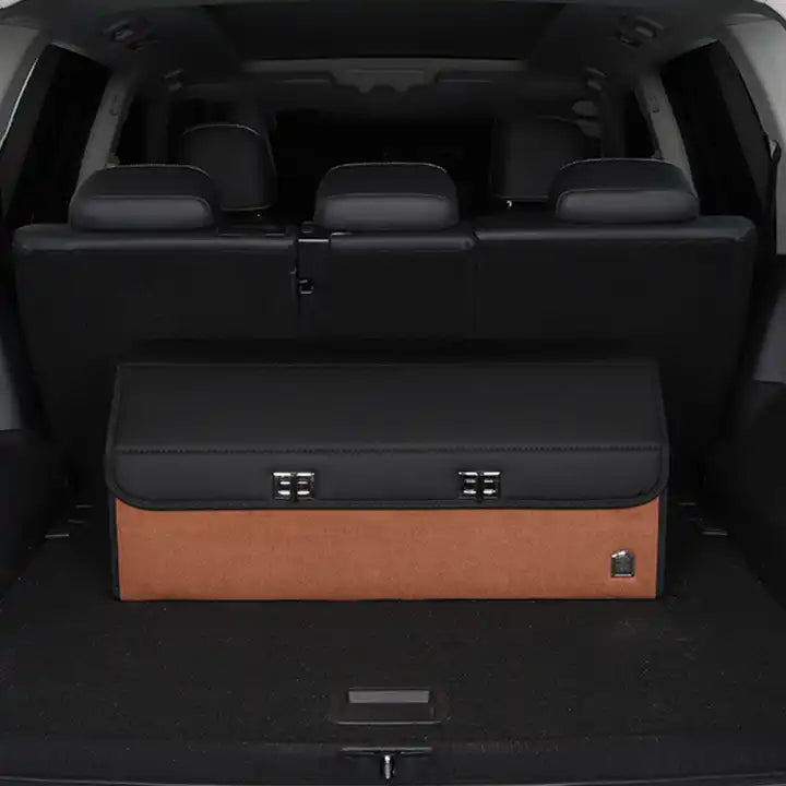Car Trunk Organizer with Foldable Cover, Cargo Organizer SUV Trunk Storage Waterproof Collapsible Durable Multi Compartments - Delicate Leather