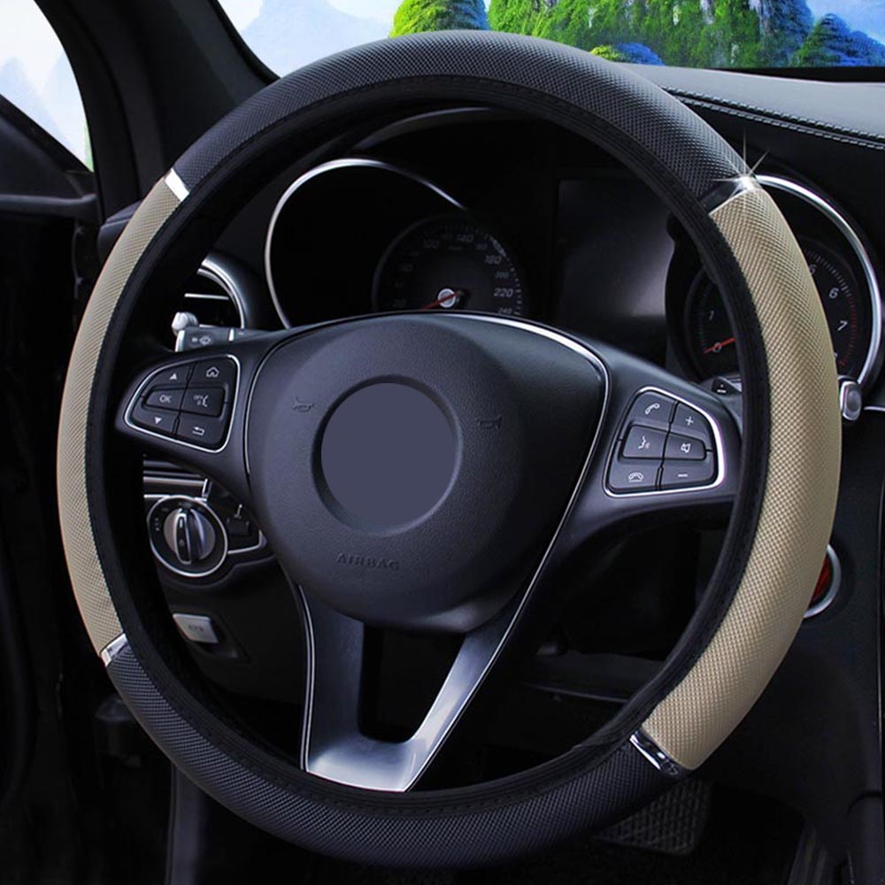 Universal Car Steering Wheel Cover - Metal Strip Anti-Slip Pattern Faux Leather - Delicate Leather
