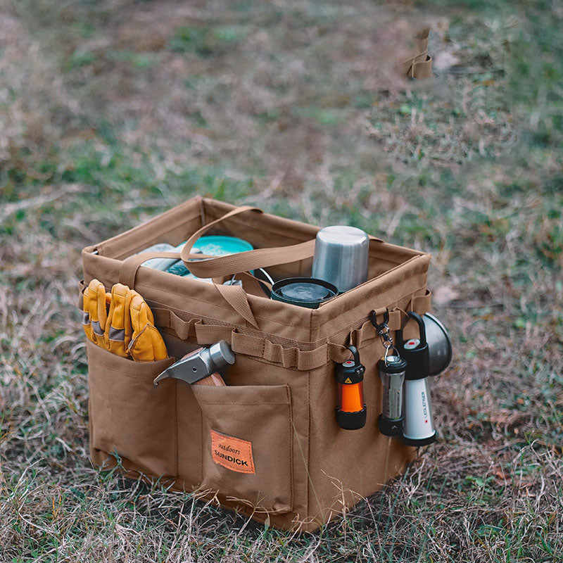 Outdoor Carrying Box Folding Tote Bag - Portable Travel Storage Organizer for Camping Tools, Tableware, and Sundries - Delicate Leather