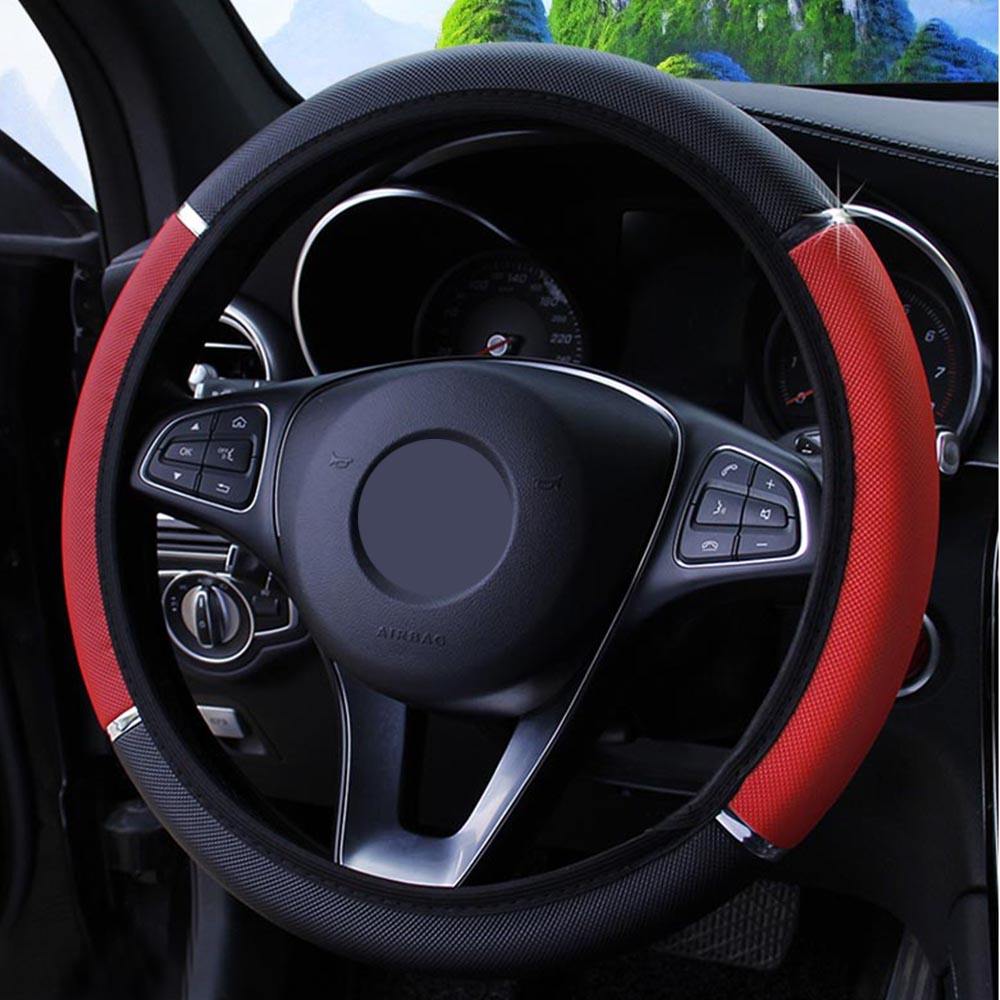 Universal Car Steering Wheel Cover - Metal Strip Anti-Slip Pattern Faux Leather - Delicate Leather