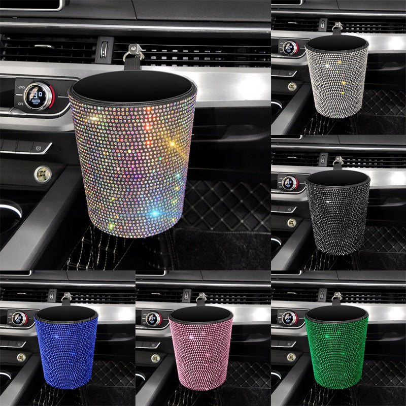 Rhinestone Car Trash Bin - Mini Auto Outlet Air Vent Organizer Rubbish Bag Crystal Garbage Container Storage Box, Car Accessories - Delicate Leather