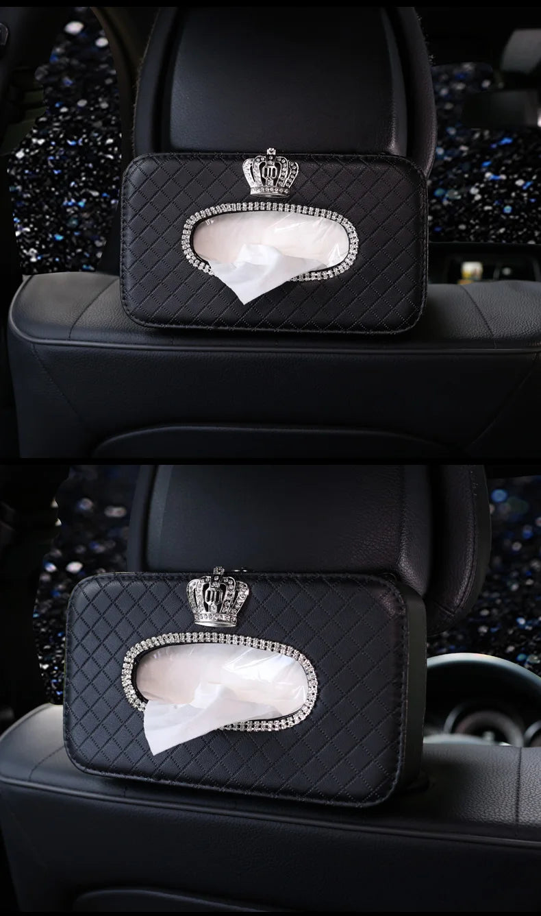 Rhinestone Flower Car Tissue Box Holder - Auto Seat Back Headrest Hanging Tissue Case Organizer - Delicate Leather