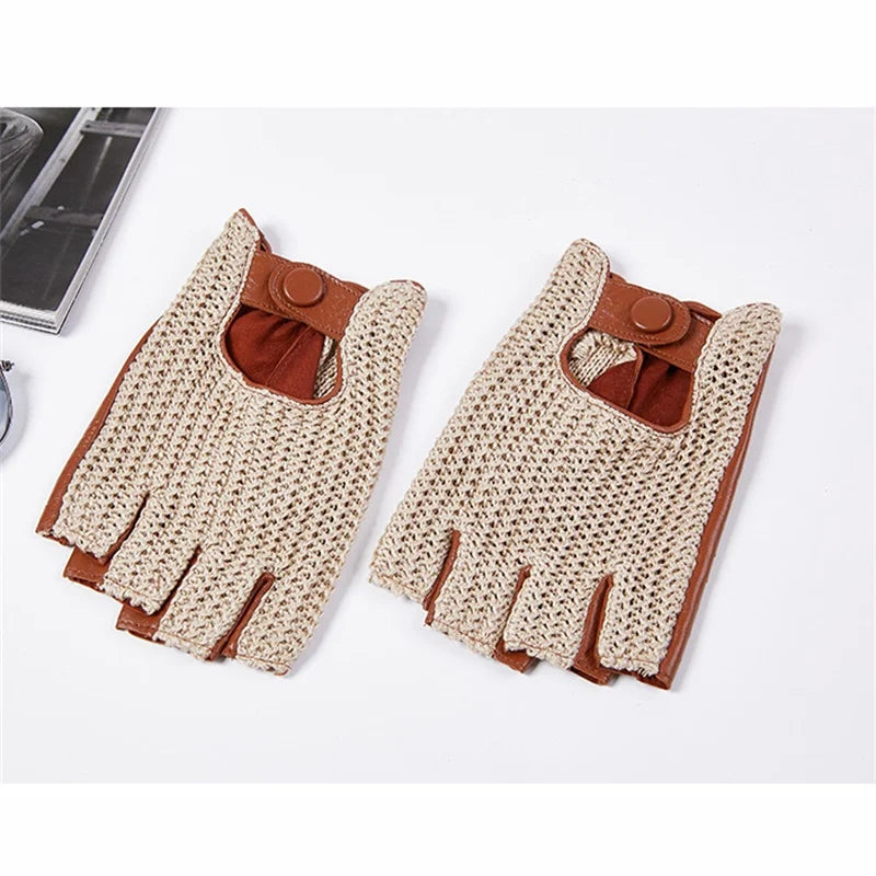 Autumn Winter Men's Wool Knitted Goatskin Touch Screen Locomotive Mittens - Genuine Leather Motorcycle Driving - Delicate Leather