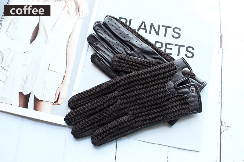 Women's Sheepskin Leather Gloves - Touch Screen, Thin, Unlined, Knitted Design for Spring and Autumn