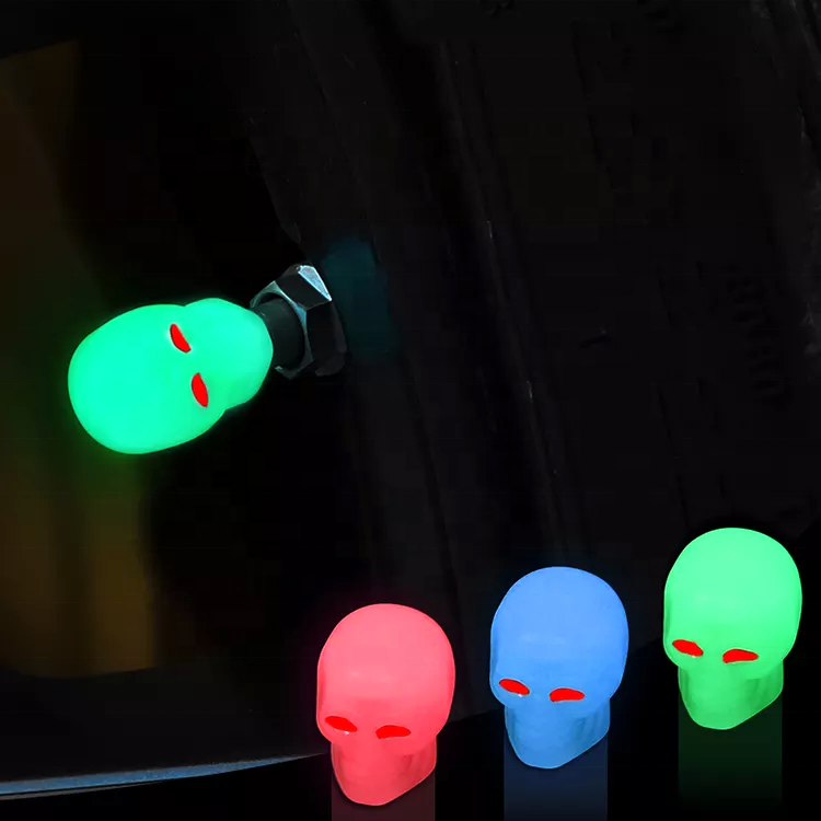 Fluorescent Skull Head Car Tire Valve Stem Caps - Glow in the Dark Universal ABS Material - Delicate Leather