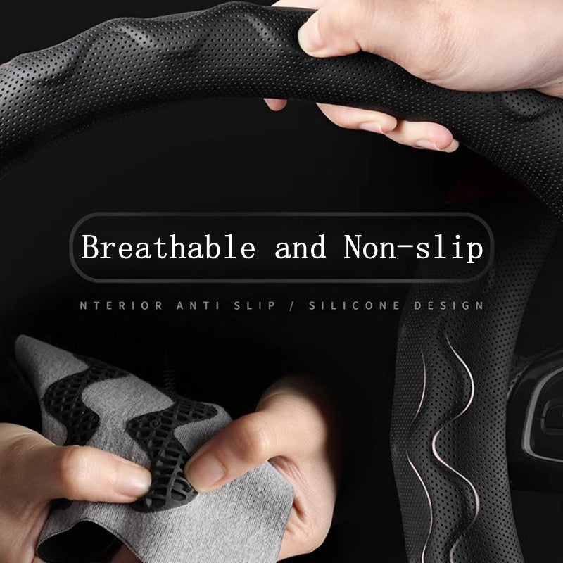 Four Seasons General Steering Wheel Cover Auto Interior Fur Anti-Slip Sweat-Absorbent Breathable Wood Steering Wheel Cover - Delicate Leather