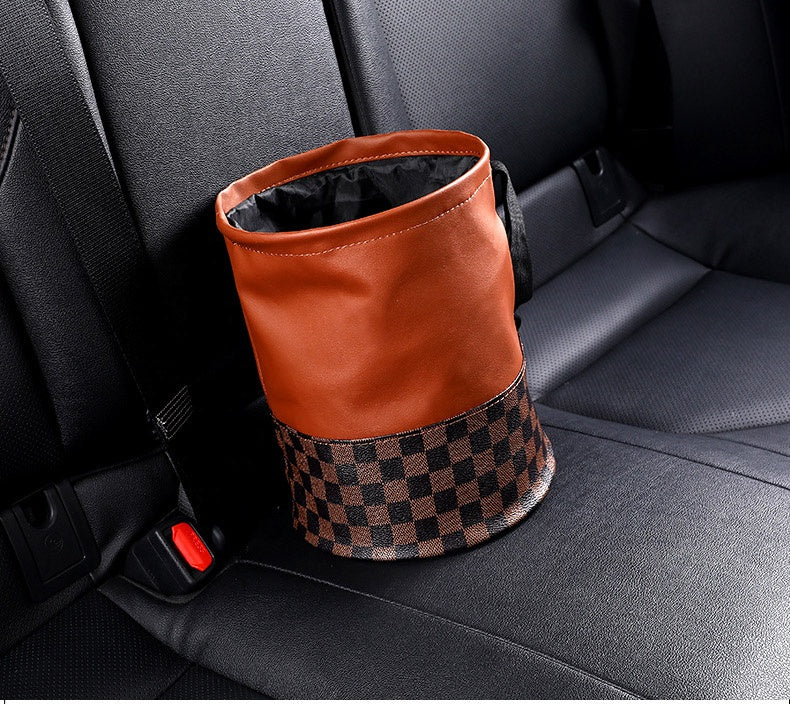 Waterproof Leather Car Trash Can - Foldable and Portable Garbage Organizer for Auto Seat Back Headrest, Compact 17x25cm Automotive Dust Bin and Storage Bag - Delicate Leather