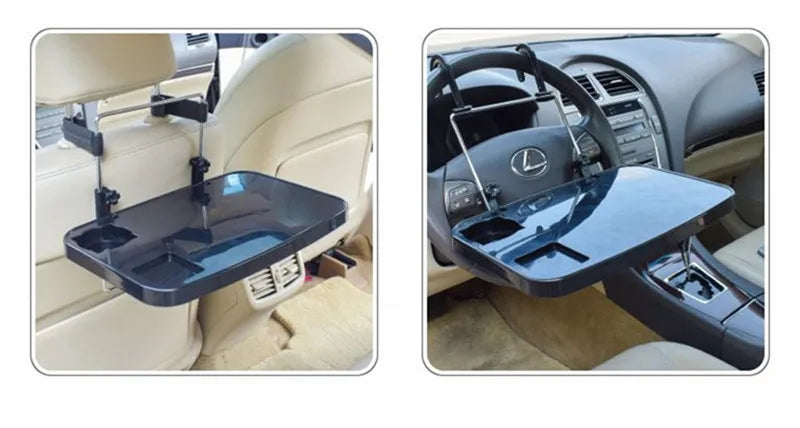 Foldable Car Computer Rack with Drawer Shelf - Steering Wheel and Seat Back Laptop Tray & Food Drink Holder Stand - Delicate Leather