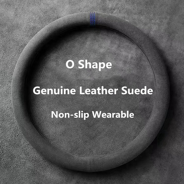Cowhide Suede Steering Wheel Cover Wrap - Universal 37-38cm Breathable Steering Cover