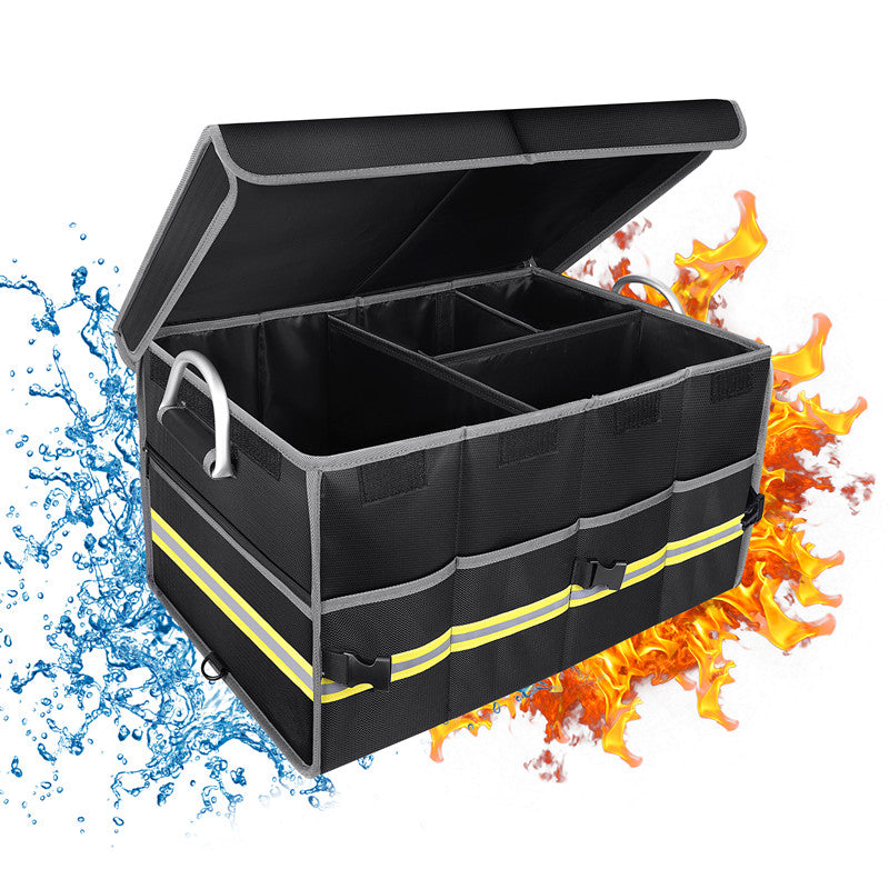 Trunk Car Boot Organiser with Lid - Collapsible Waterproof Non-Slip Foldable Car Box Bag with Handles and Reflective Strips - Delicate Leather