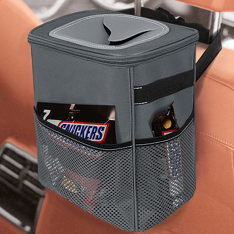 Car Trash Bag with Storage Pockets - Waterproof Garbage Bag with Lid and Storage Pockets - Delicate Leather