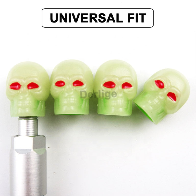Fluorescent Skull Head Car Tire Valve Stem Caps - Glow in the Dark Universal ABS Material - Delicate Leather