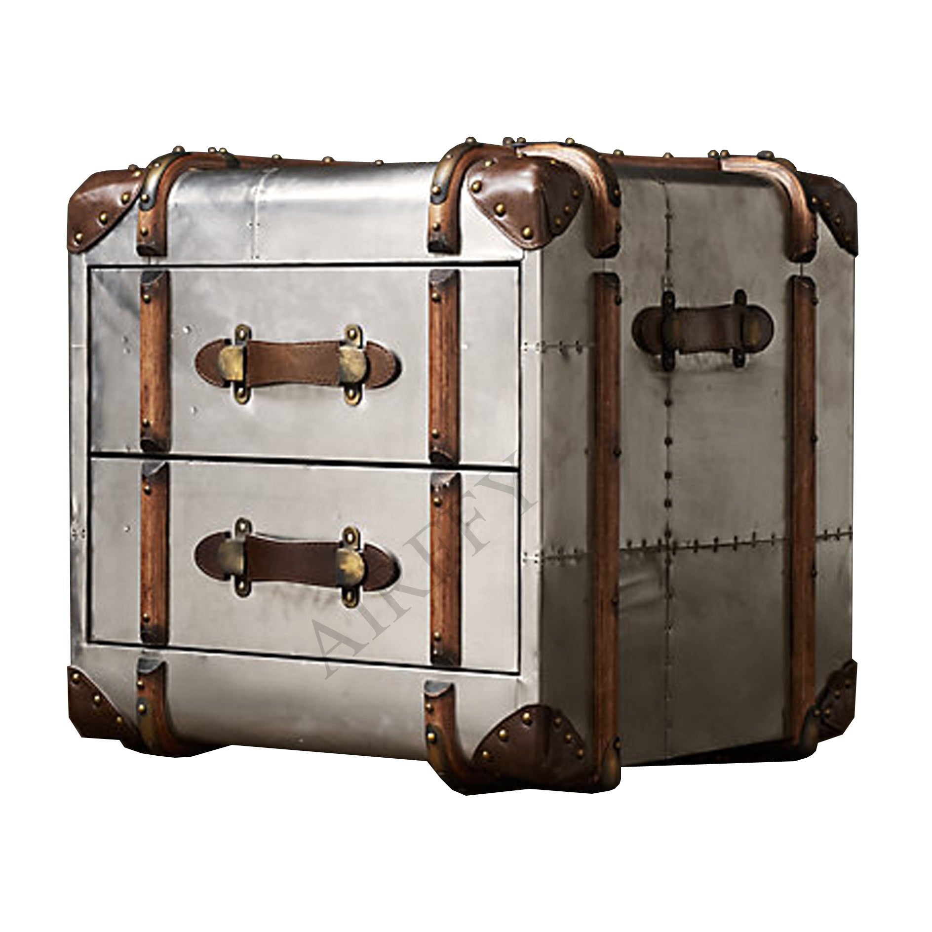 Vintage Drawers Detail Brown Canvas Aluminum Leather Bedside Table Nightstands