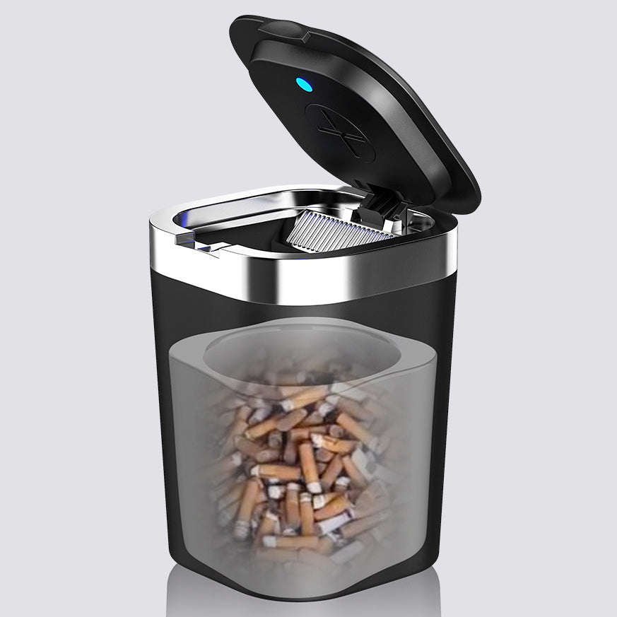 Car Ashtray Creative with Light Cover - Metal Lining, LED Light, One Key to Open, Mini Car Accessories with Lid and Trash Bag, Cute Car Organizer Bin, Small Garbage Can for Storage and Organization - Delicate Leather