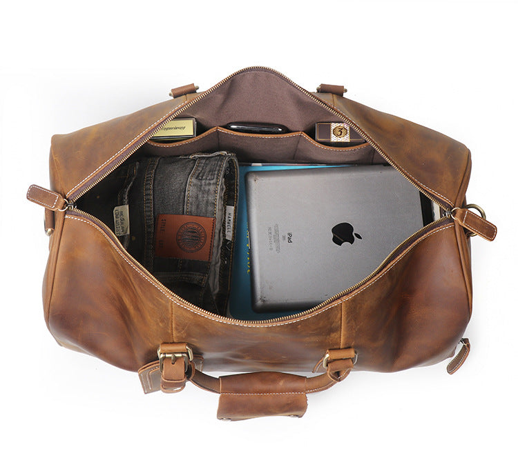 Brown Vintage Leather Duffle Bag with Shoe Compartment - New Design Travel or Overnight Bag for Men and Women - Delicate Leather