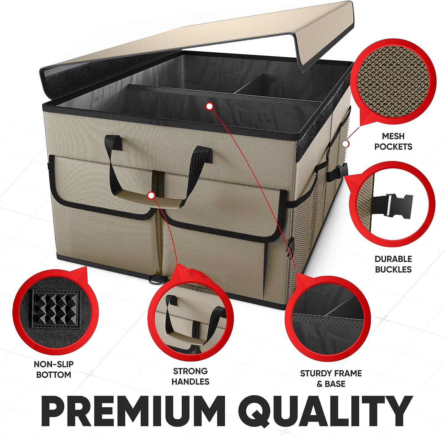 Non-Slip Bottom 600D Fabric Collapsible SUV Storage Box Organizer for Car Trunk - Delicate Leather