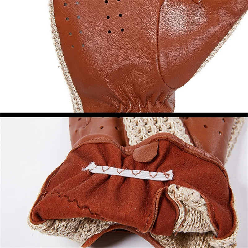 Autumn Winter Men's Wool Knitted Goatskin Touch Screen Locomotive Mittens - Genuine Leather Motorcycle Driving - Delicate Leather