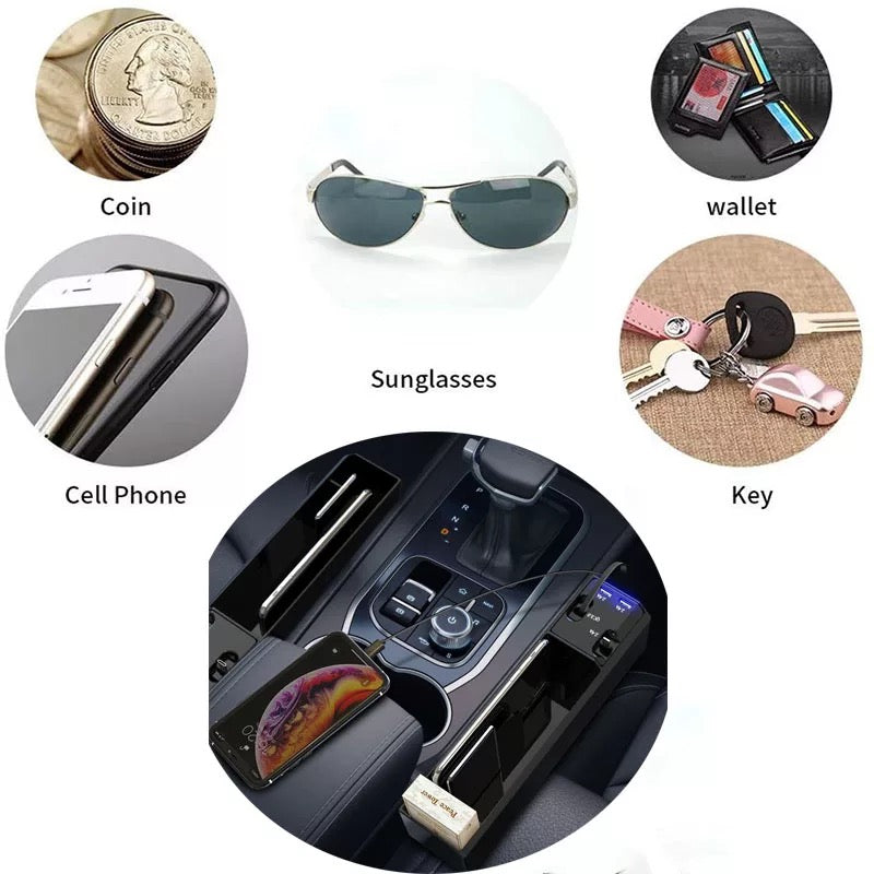 Car Seat Gap Filler Organizer, Custom For All Cars, Car Interior Accessories: Auto Crevice Gear Seat Storage Box with Cup Holder Organizer & Dual USB Plug Charger - Delicate Leather