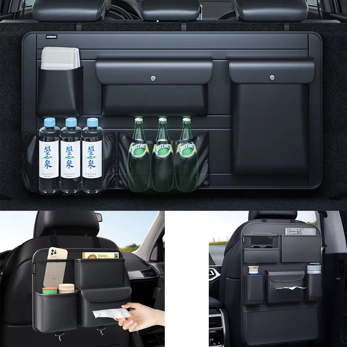 Car Backseat Storage 5 Bag Trunk Organizer Multi-use PU Leather Car Seat Back Organizers Hanging Bag Protector Pad Black PU Leather - Delicate Leather