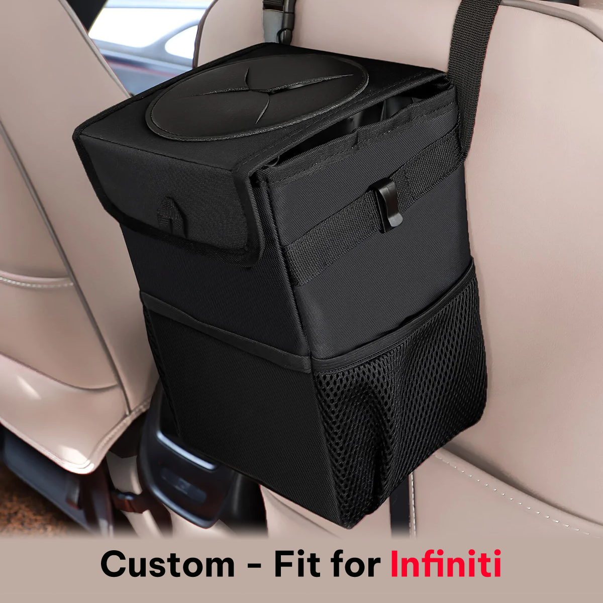 Waterproof Car Trash Can with Lid and Storage Pockets, Custom-Fit For Infiniti, 100% Leak-Proof Car Organizer, Waterproof Car Garbage Can, Multipurpose Trash Bin for Car DLIN234 - Delicate Leather