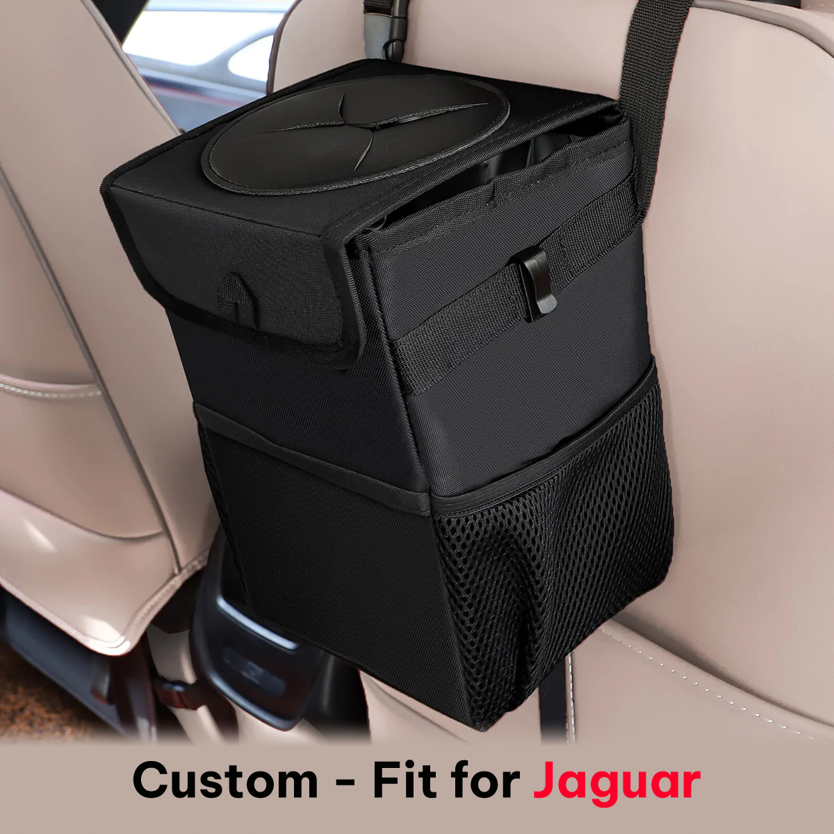 Waterproof Car Trash Can with Lid and Storage Pockets, Custom-Fit For Jaguar, 100% Leak-Proof Car Organizer, Waterproof Car Garbage Can, Multipurpose Trash Bin for Car DLJG234 - Delicate Leather