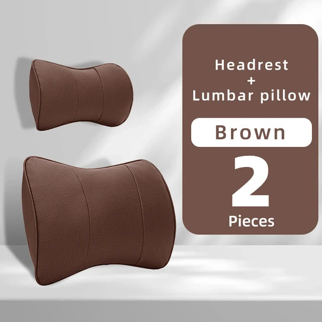 Premium Leather Fiber Car Seat Neck Pillow: Universal Headrest Lumbar Waist Cushion for All Car Models - Delicate Leather